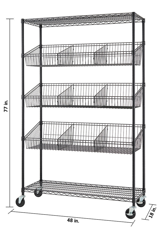 A black wire shelving unit with five tiers, the top and bottom tiers are flat shelves, and the middle three tiers feature wire baskets with dividers. The unit is on wheels and has dimensions labeled 77 inches in height, 48 inches in width, and 18 inches in depth.