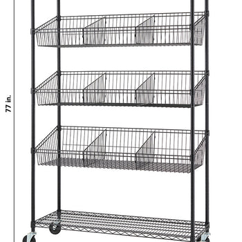 A black wire shelving unit with five tiers, the top and bottom tiers are flat shelves, and the middle three tiers feature wire baskets with dividers. The unit is on wheels and has dimensions labeled 77 inches in height, 48 inches in width, and 18 inches in depth.