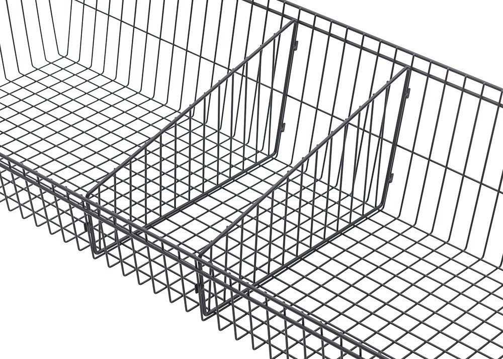A close-up, angled shot of a dark gray wire basket with dividers. The basket has a grid pattern and the dividers are angled metal pieces.