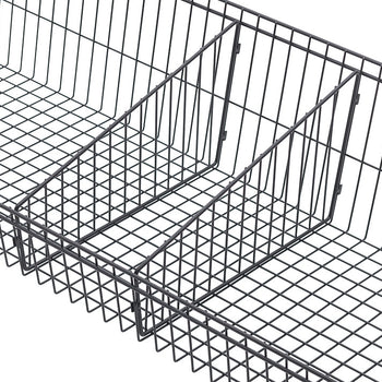 A close-up, angled shot of a dark gray wire basket with dividers. The basket has a grid pattern and the dividers are angled metal pieces.