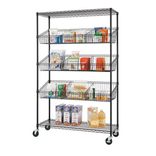 A 5-tier wire shelving unit with black wire baskets and dividers, filled with various packaged goods, is shown against a white background. The shelving unit has wheels and is photographed at a slight angle.