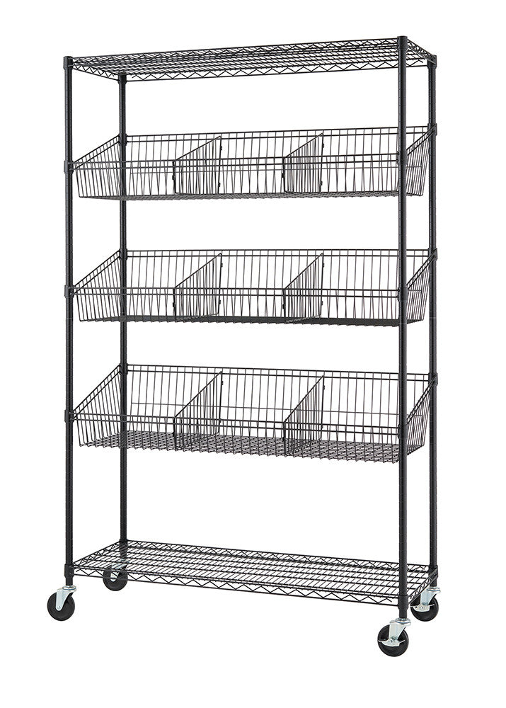 A black wire shelving unit with five tiers, three of which contain wire baskets with dividers, is shown on a white background. The unit has wheels at the bottom for mobility.