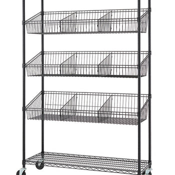 A black wire shelving unit with five tiers, three of which contain wire baskets with dividers, is shown on a white background. The unit has wheels at the bottom for mobility.