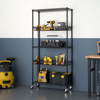 A black, 5-tier wire shelving rack with baskets and wheels is shown against a two-tone blue and white wall. The rack holds various tools and supplies, including a drill, toolboxes, and cleaning products.