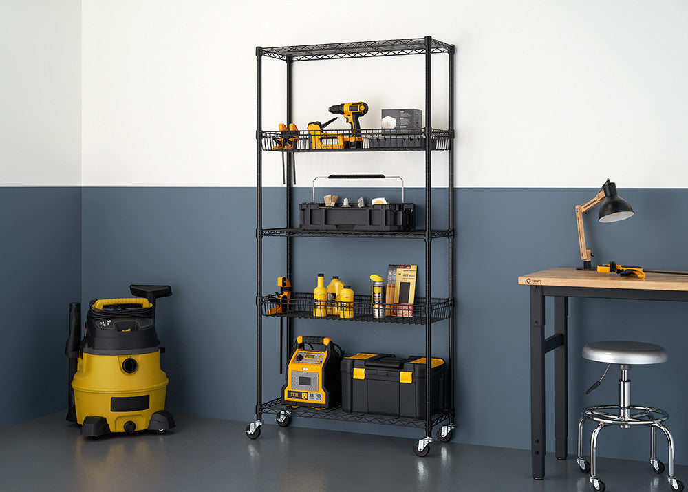 A black, 5-tier wire shelving rack with baskets and wheels is shown against a two-tone blue and white wall. The rack holds various tools and supplies, including a drill, toolboxes, and cleaning products.