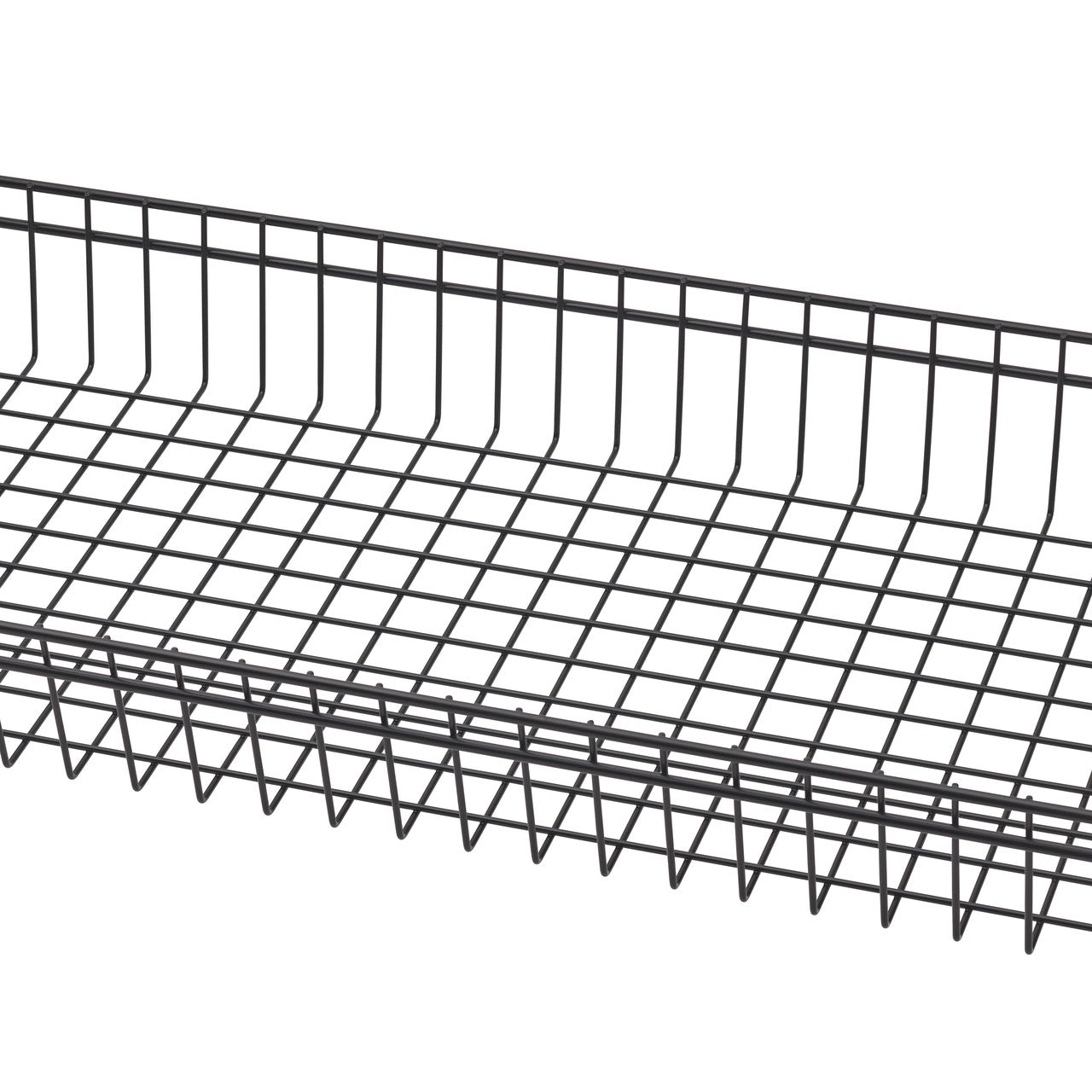 A close-up, angled shot of a black wire basket shelf, showing the grid pattern of the wires. The shelf is part of a larger shelving unit.