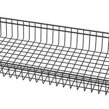 A close-up angled shot of a black wire shelf with a grid pattern. The shelf has a raised edge along the back.