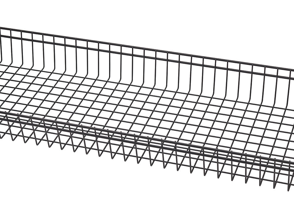 A close-up angled shot of a black wire shelf with a grid pattern. The shelf has a raised edge along the back.