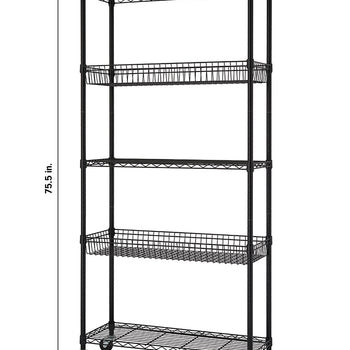 A tall, black wire shelving unit with four shelves is shown from an eye-level perspective. The unit has wheels on its base, and two of the shelves are designed as baskets.