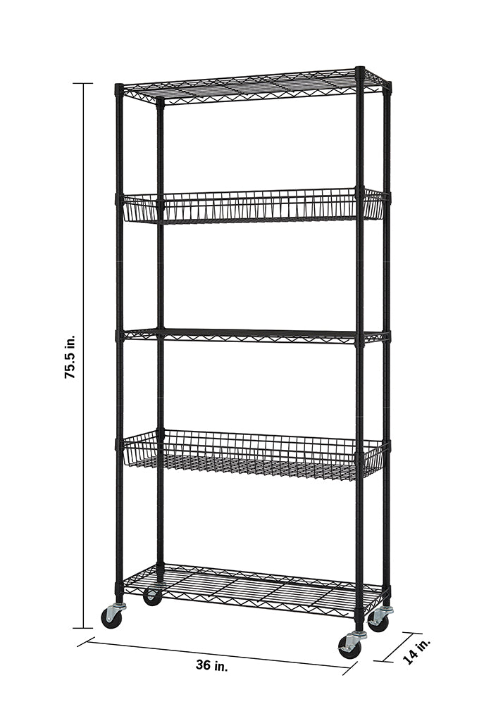 A tall, black wire shelving unit with four shelves is shown from an eye-level perspective. The unit has wheels on its base, and two of the shelves are designed as baskets.