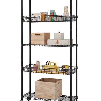 A black wire shelving unit with five tiers is shown against a white background.  The shelves are partially filled with various boxes and containers.
