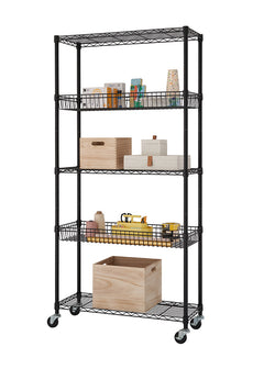 TRINITY 5-Tier | 36x14x72 | Commercial Wire Shelving Rack | w/Baskets & Wheels | NSF | Black