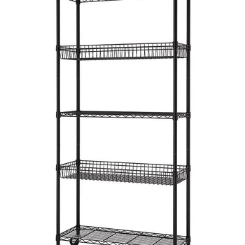 A black wire shelving unit with five tiers, including two wire baskets, is shown against a white background. The unit has wheels and is likely designed for commercial or industrial storage.