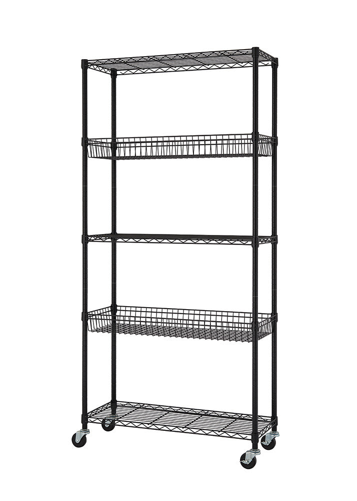 A black wire shelving unit with five tiers, including two wire baskets, is shown against a white background. The unit has wheels and is likely designed for commercial or industrial storage.