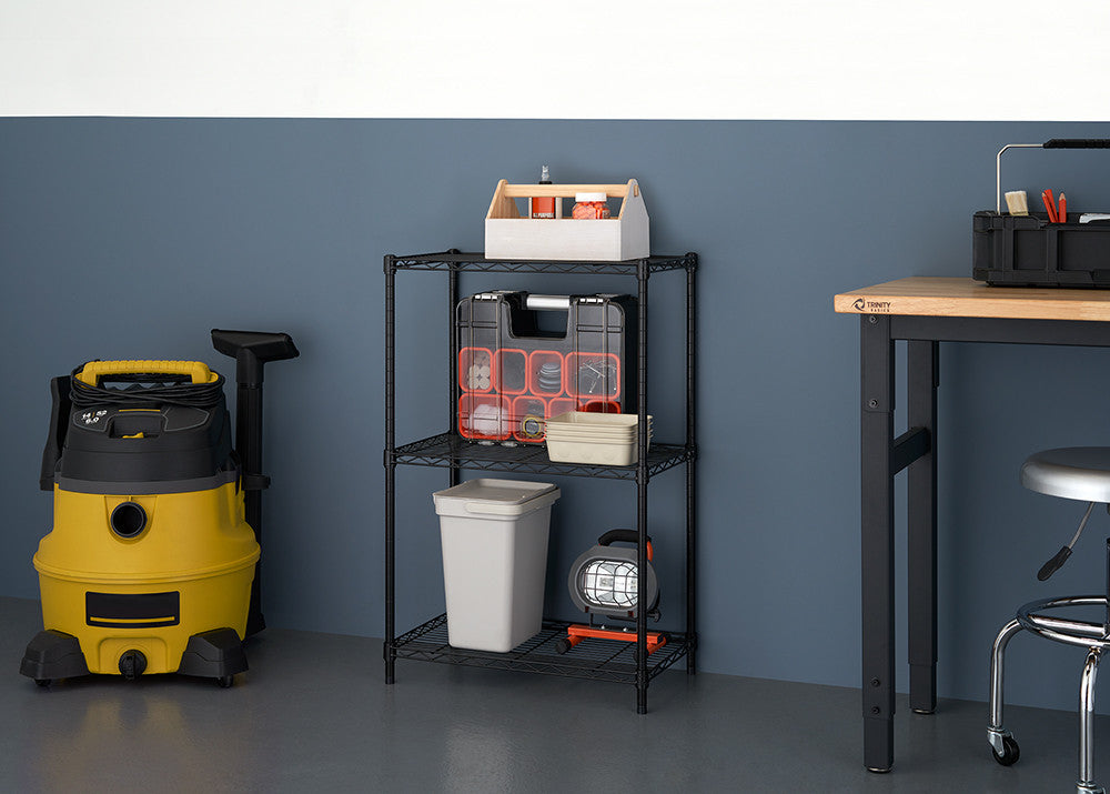 1 shelving rack in garage with tool supplies
