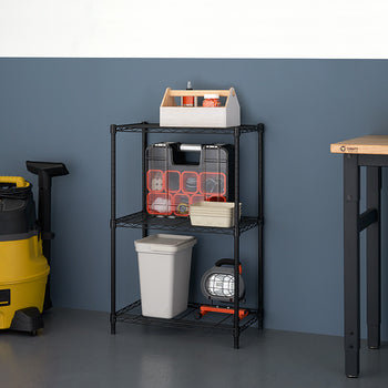 1 shelving rack in garage with tool supplies