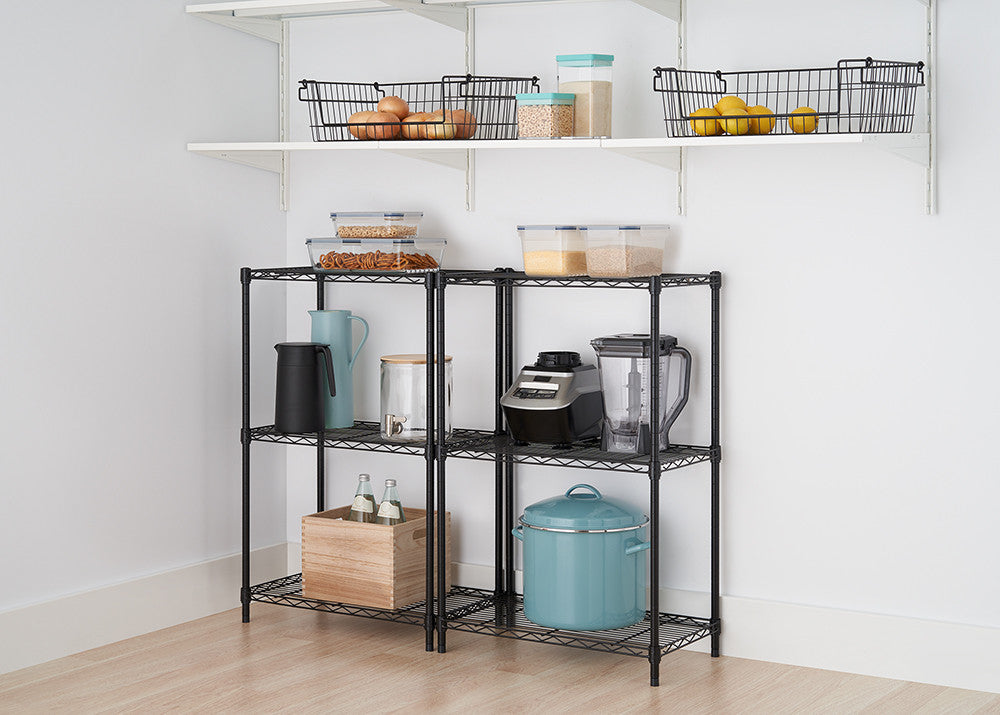 2 shelving racks with pantry supplies