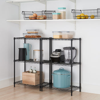 2 shelving racks with pantry supplies