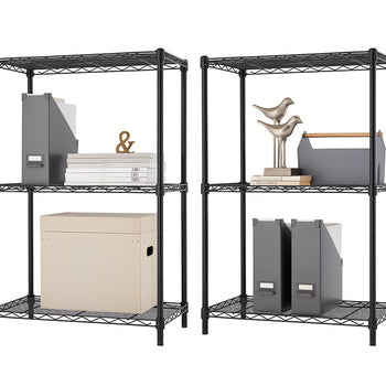 2 shelving racks with office supplies
