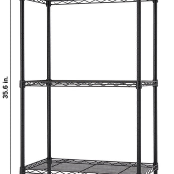 
A black wire shelving unit with three shelves is shown against a white background. The dimensions are labeled, indicating a height of 35.6 inches, a width of 23.2 inches, and a depth of 13.4 inches.