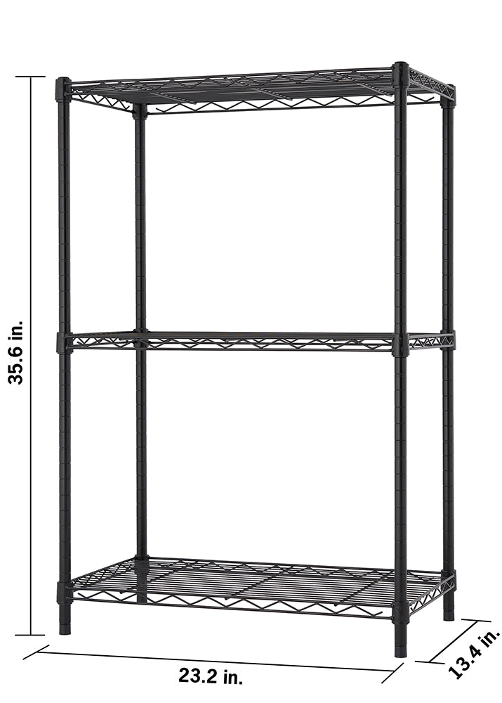 
A black wire shelving unit with three shelves is shown against a white background. The dimensions are labeled, indicating a height of 35.6 inches, a width of 23.2 inches, and a depth of 13.4 inches.