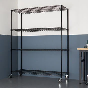 A black, four-tier wire shelving unit with wheels is shown against a two-tone gray and white wall. A workbench with a toolbox and a stool are partially visible to the right.