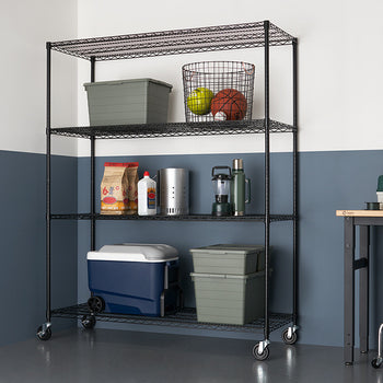 A black wire shelving unit with three tiers is shown in a garage setting, holding various items like bins, a basketball, and a cooler. The shelving unit has wheels and is positioned against a two-tone wall, with a workbench and stool visible in the background.
