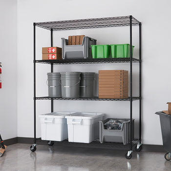 A black wire shelving unit with four tiers is filled with storage bins and boxes in a clean, industrial setting. The unit is on wheels and sits against a white wall, next to a red fire extinguisher and a broom.