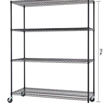 A black wire shelving unit with four tiers and wheels is shown against a white background. The unit has dimensions of 24 inches deep, 60 inches wide, and 77 inches tall.