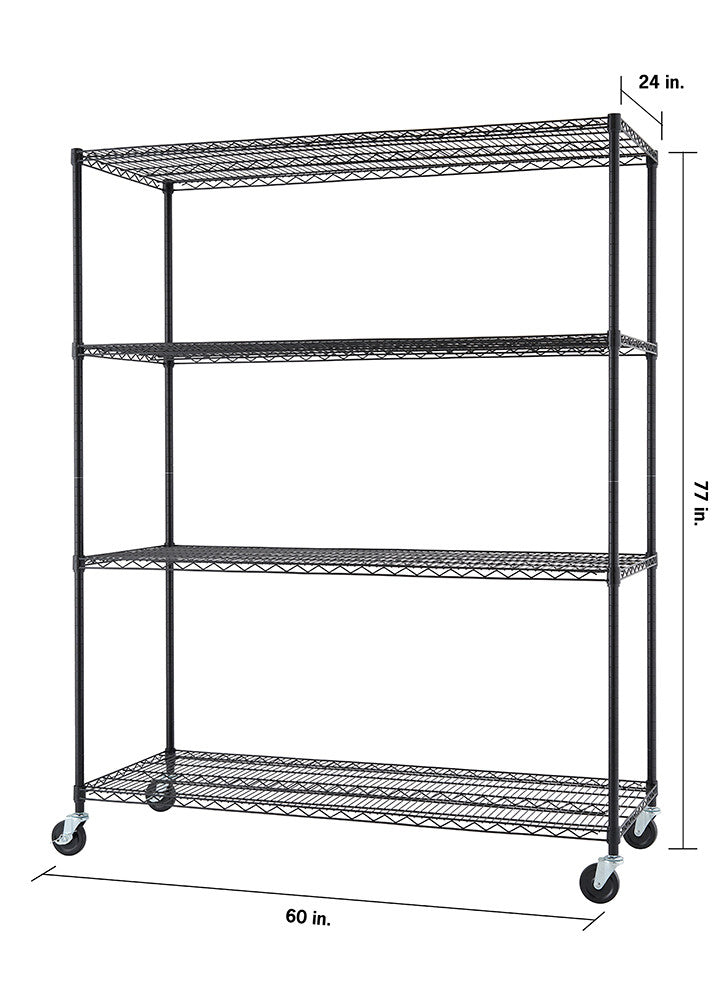 A black wire shelving unit with four tiers and wheels is shown against a white background. The unit has dimensions of 24 inches deep, 60 inches wide, and 77 inches tall.