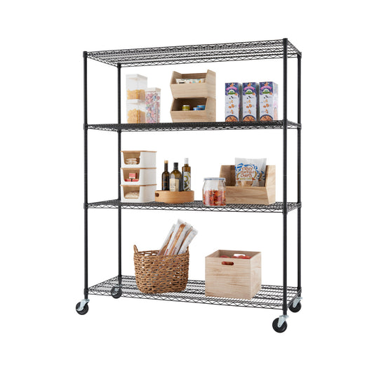 A black wire shelving unit with four tiers is shown on a white background, filled with various pantry items. The shelving unit has wheels on the bottom and is filled with baskets, containers, and boxes.