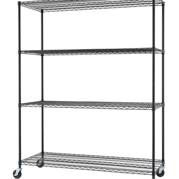 A black wire shelving unit with four tiers and wheels is displayed on a white background. The shelves are made of thin metal wires arranged in a grid pattern.