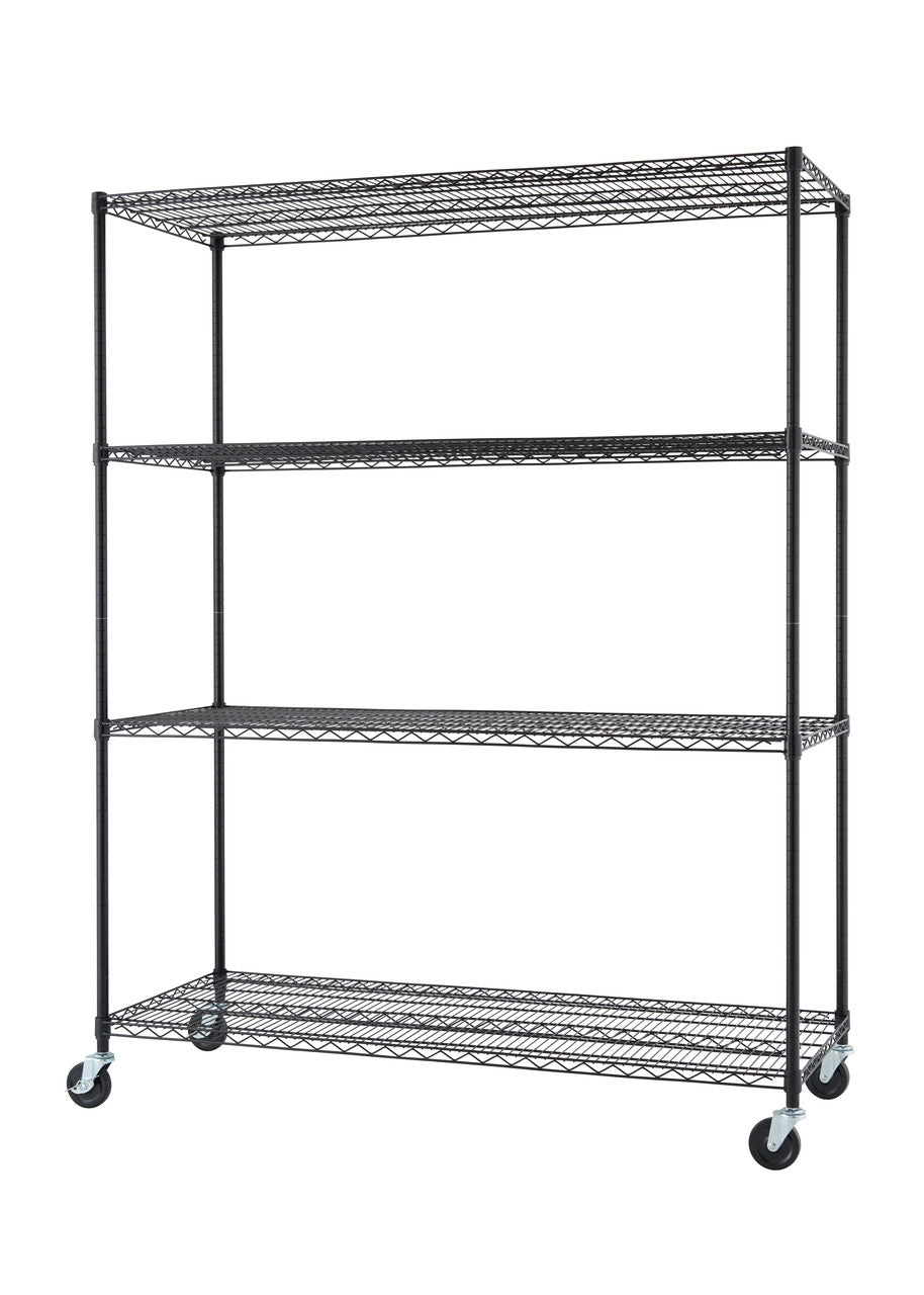 A black wire shelving unit with four tiers and wheels is displayed on a white background. The shelves are made of thin metal wires arranged in a grid pattern.