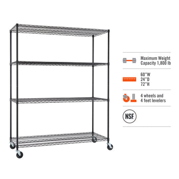 A black wire shelving unit with four tiers is shown against a white background. It includes four wheels and four leveling feet, with a maximum weight capacity of 1,800 lbs, and dimensions of 60