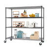 A black wire shelving unit with four tiers is shown on a white background. The shelves are filled with various kitchen items, including a blender, pots, jars, bottles, and bowls.