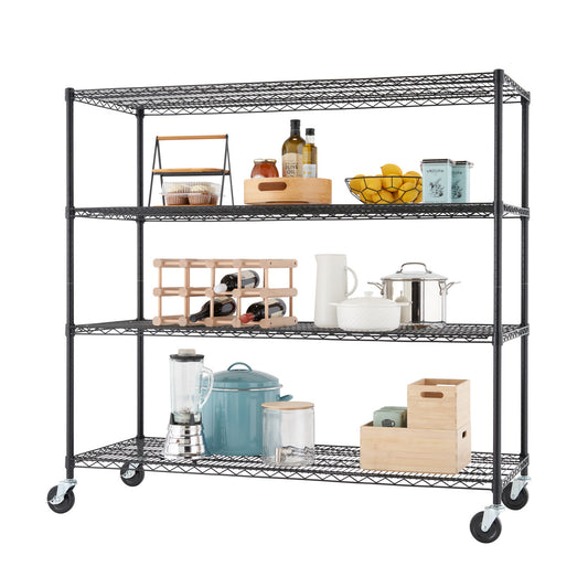 A black wire shelving unit with four tiers is shown on a white background. The shelves are filled with various kitchen items, including a blender, pots, jars, bottles, and bowls.
