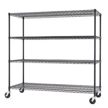 A four-tier black wire shelving unit is shown against a white background. The unit is on casters for easy mobility.