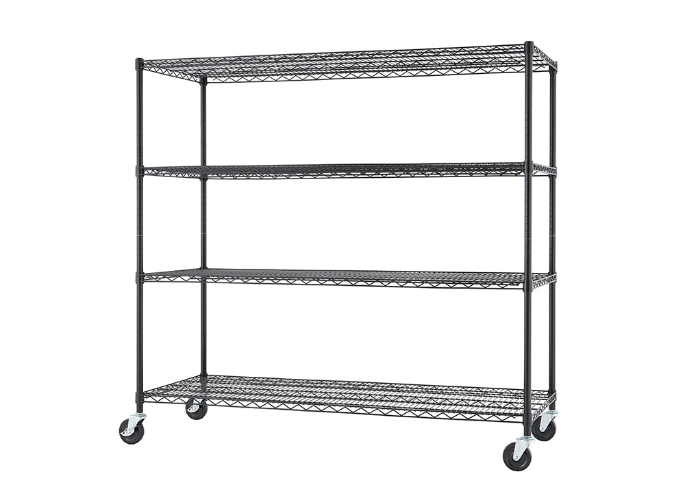 A four-tier black wire shelving unit is shown against a white background. The unit is on casters for easy mobility.