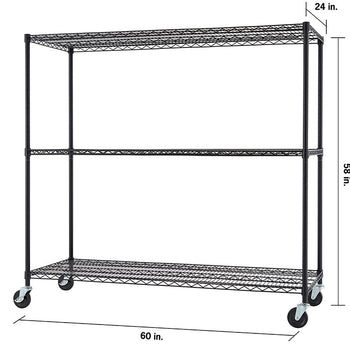 A black wire shelving unit with three tiers and wheels is shown against a white background. The dimensions of the unit are labeled, indicating a width of 60 inches, a height of 58 inches, and a depth of 24 inches.
