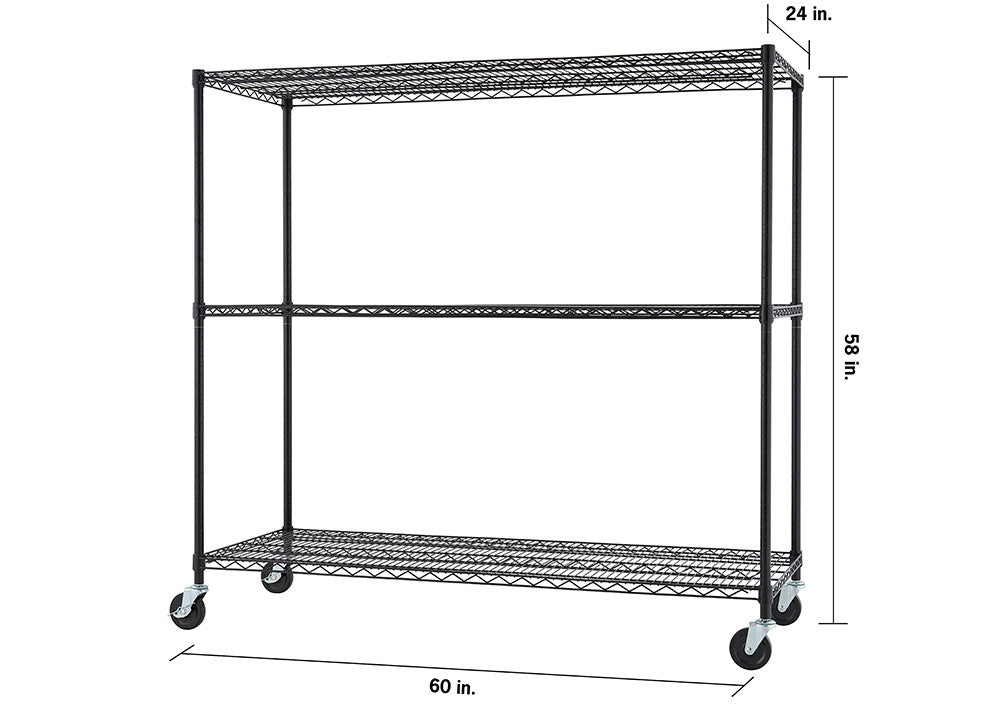 A black wire shelving unit with three tiers and wheels is shown against a white background. The dimensions of the unit are labeled, indicating a width of 60 inches, a height of 58 inches, and a depth of 24 inches.