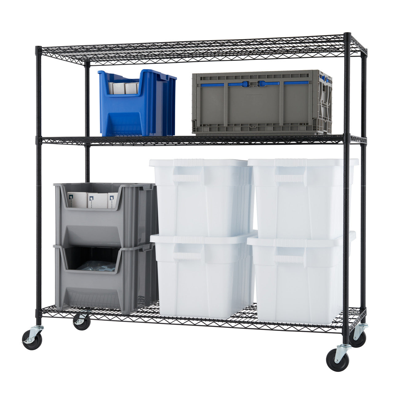 A black wire shelving unit with three tiers on wheels is filled with storage bins. The bins are a mix of blue, gray, and white, some stacked and some placed individually.