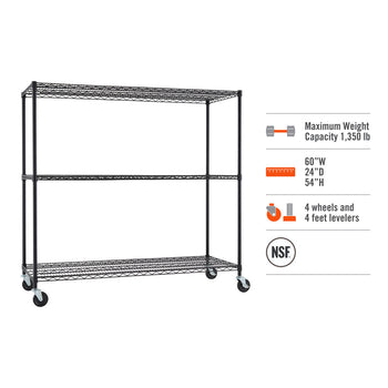 A black wire shelving unit with three tiers and wheels is shown against a white background. To the right are icons indicating its maximum weight capacity of 1,350 lbs, dimensions of 60