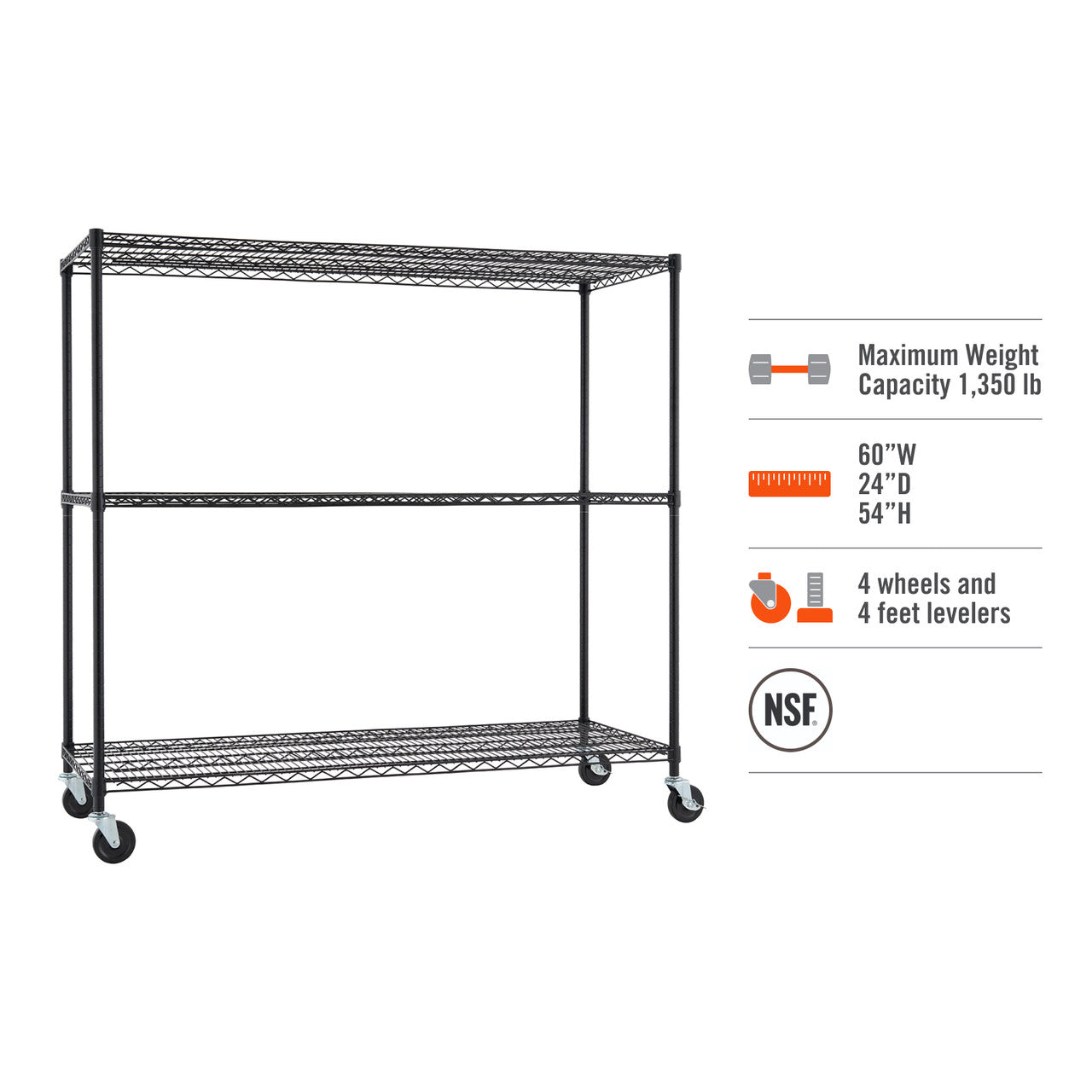 A black wire shelving unit with three tiers and wheels is shown against a white background. To the right are icons indicating its maximum weight capacity of 1,350 lbs, dimensions of 60"W x 24"D x 54"H, and that it includes both wheels and leveling feet, along with an NSF certification logo.