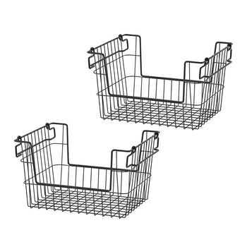 Two black metal wire storage baskets with hooks are shown against a white background. The baskets are designed to hang under shelves for additional storage space.