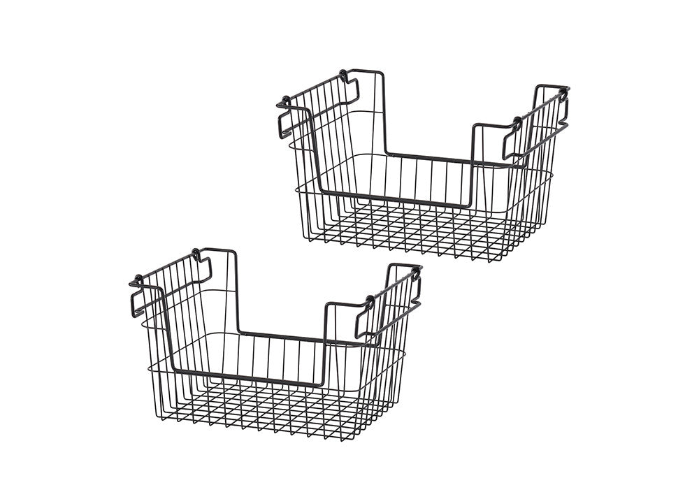 Two black metal wire storage baskets with hooks are shown against a white background. The baskets are designed to hang under shelves for additional storage space.