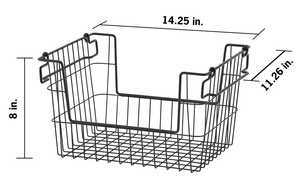 A black wire storage basket with dimensions labeled: 14.25 inches in length, 11.26 inches in width, and 8 inches in height. The basket has hooks on both sides, allowing it to be mounted under a shelf or cabinet.