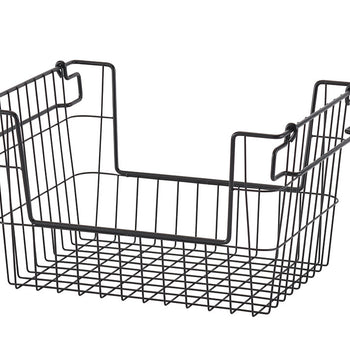 A black metal wire storage basket with handles, photographed against a white background. The basket is stackable, showing the handles designed for this purpose.