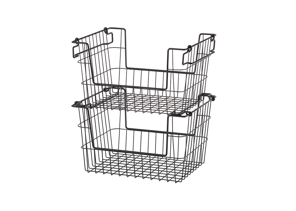 A white background studio shot of two black wire baskets stacked on top of each other. The baskets have a simple, rectangular design with a wire grid pattern and handles on the top corners for stacking.
