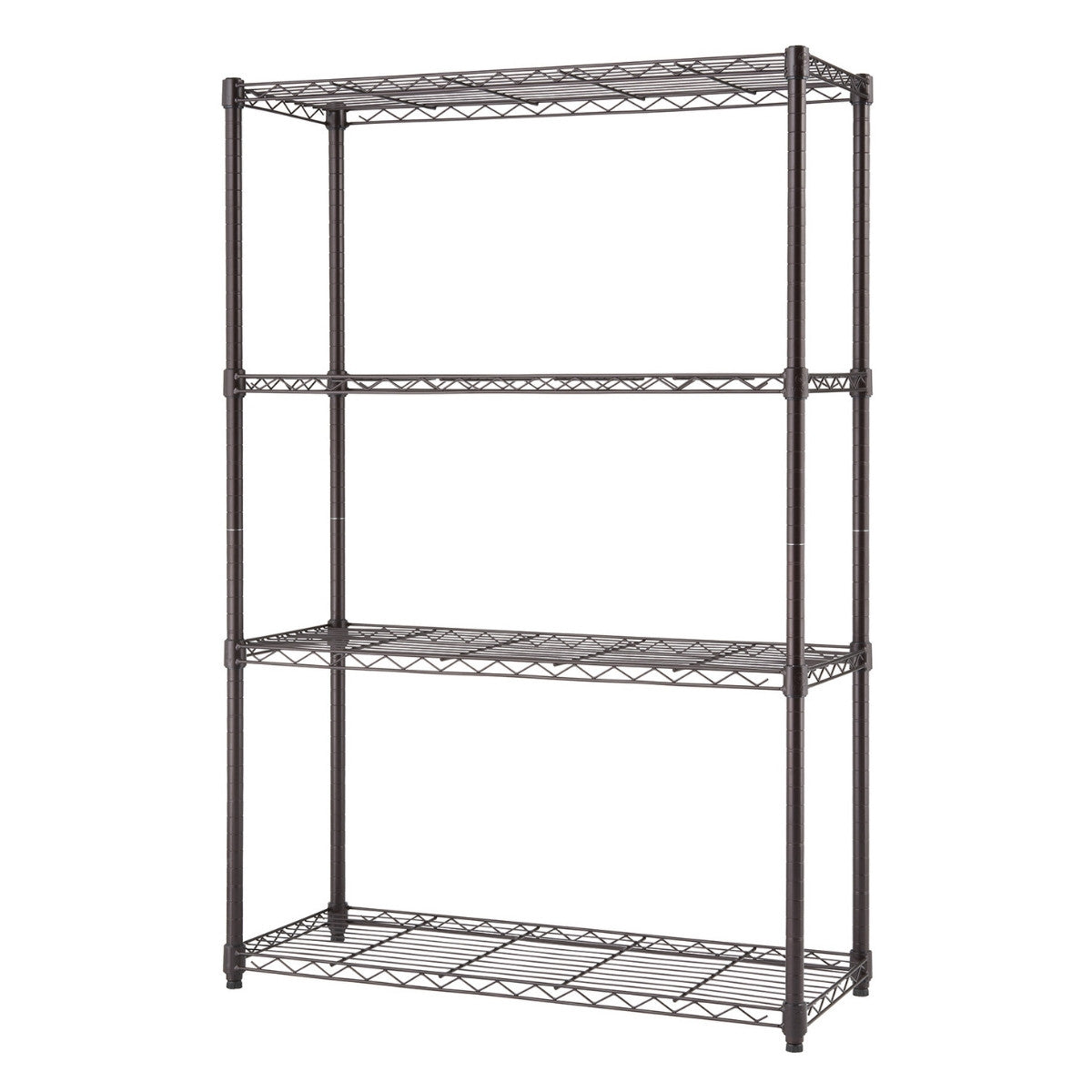 A tall, four-tier wire shelving unit with a bronze finish is shown against a white background. The shelves are open and made of a wire mesh, suitable for storage in various settings.