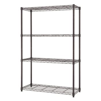 A tall, four-tier wire shelving unit with a bronze finish is shown against a white background. The shelves are open and made of a wire mesh, suitable for storage in various settings.